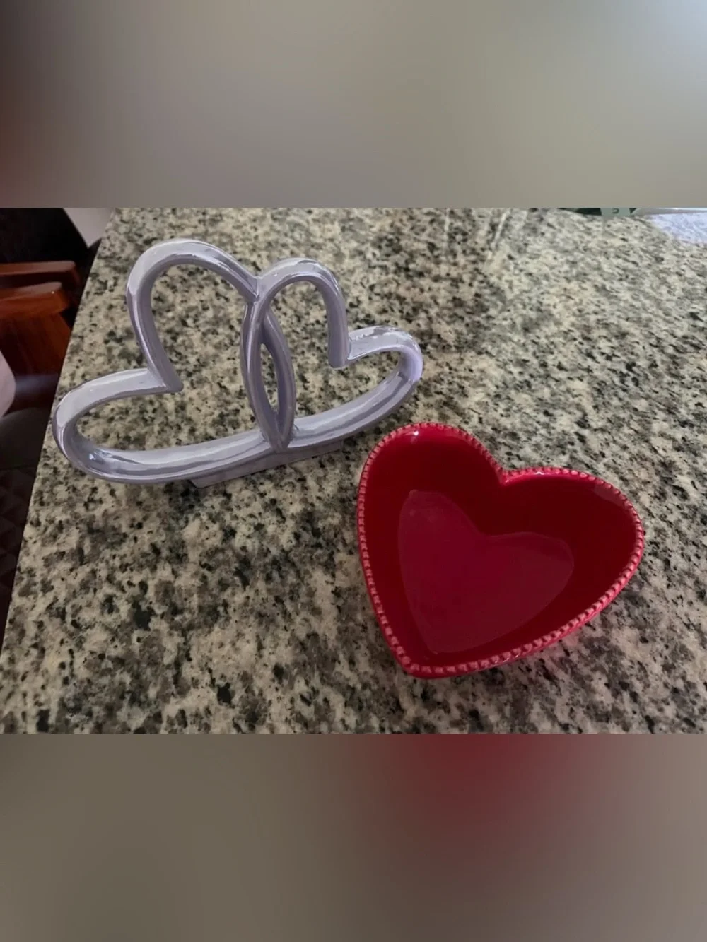 Red Heart Serving Bowl and Lilac Double-Heart Napkin Holder Set - Home Kitchen
